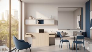 Diseño de interiores para oficina pequeña en Panamá, con muebles multifuncionales, iluminación natural y colores claros, optimizando el espacio.